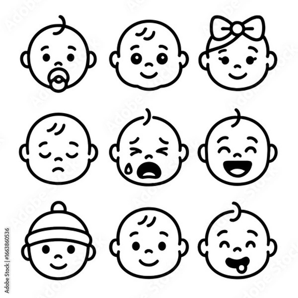 Fototapeta Baby Face Icons. Line style icons of baby and toddler faces: pacifier in mouth, chubby cheeks icon, big eyes smiling, baby with
