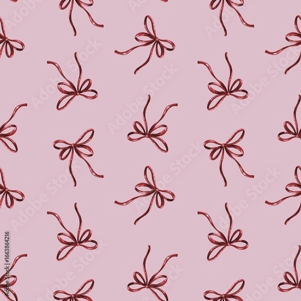 Fototapeta Watercolor red bow seamless pattern illustration, on pink background	