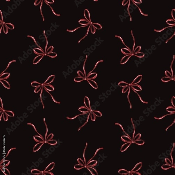 Fototapeta Watercolor red bow seamless pattern illustration, on black background	