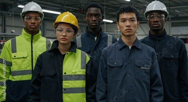 Obraz Diverse Industrial Workers Wearing Safety Helmets and Protective Gear in Warehouse Setting, Teamwork and Factory Safety Concept