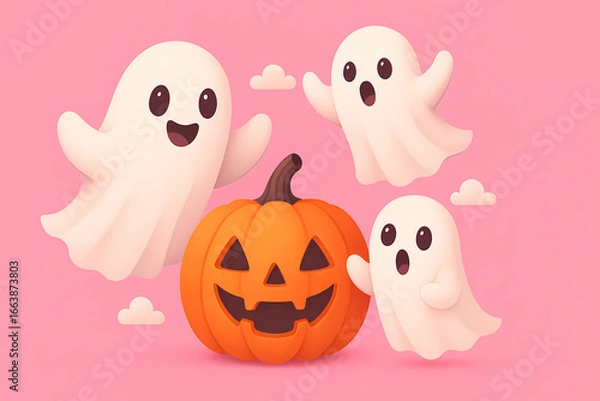 Fototapeta Cute cartoon ghosts celebrate Halloween with a jack-o'-lantern on a pink background Generative AI