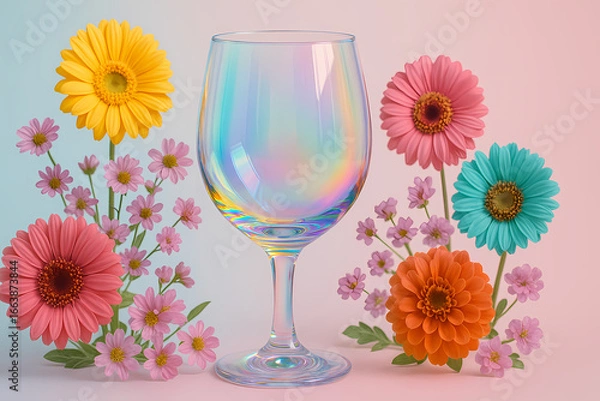 Fototapeta Colorful flower arrangement with a sparkling glass on a pastel background at a lively spring setting Generative AI