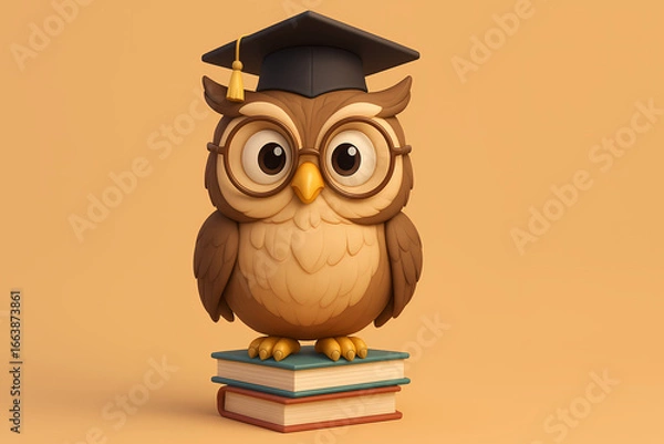 Fototapeta Owl wearing graduation cap stands on colorful books in a playful academic setting, perfect for educational themes Generative AI