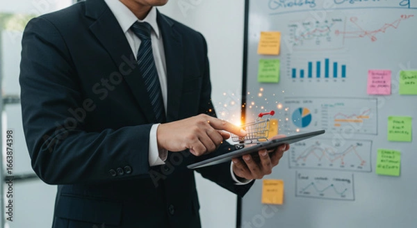Fototapeta A businessman in a suit interacts with a digital shopping cart on a tablet in front of a whiteboard