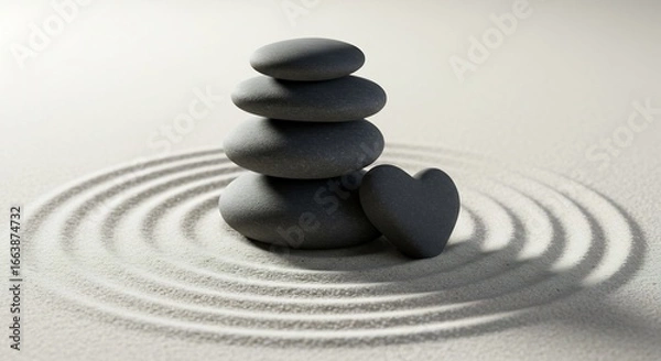 Fototapeta Heart of Tranquility - Balanced Stones and a Heart in a Raked Sand Zen Garden.