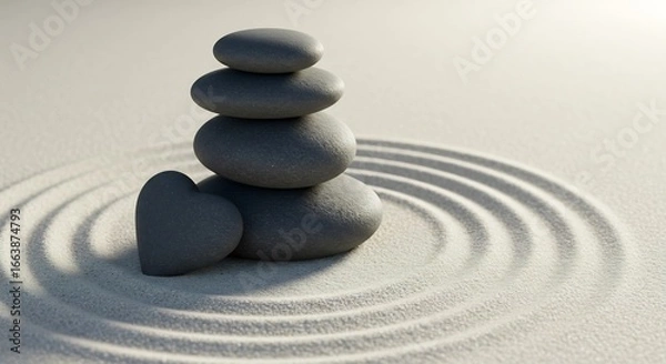 Fototapeta A Hearts Serenity - Balanced Stone Cairn and Heart on Raked Concentric Sand Circles.