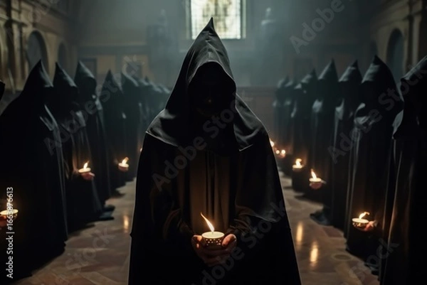 Fototapeta Evil Cult. Dark Evil Cult Ritual. Hooded Figures in Black Robes Holding Candles in a Mysterious Ceremony. Secret Occult Group in a Temple with Copy Space. Horror, Satanic and Halloween Concept.