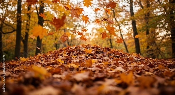 Fototapeta Golden Autumn Cascade - Falling Maple Leaves Creating a Vibrant Forest Floor Mound.