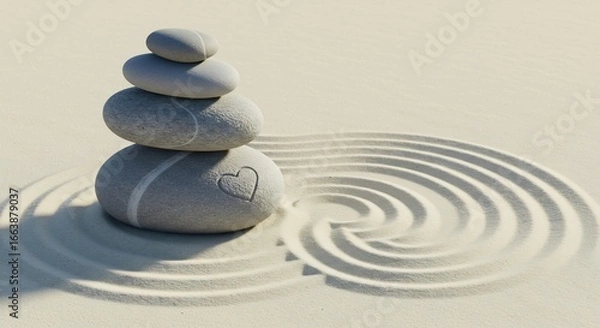 Fototapeta A Balanced Cairn with a Heart Stone on Rippled Sand in a Serene Zen Garden.