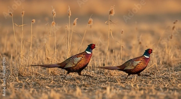 Fototapeta Two Pheasants in Golden Hour Meadow, Majestically Strolling.