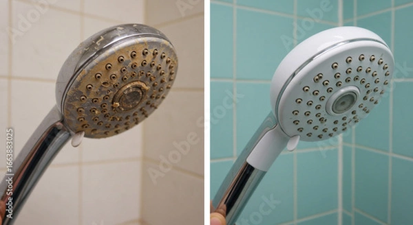 Fototapeta Before and after comparison of a shower head showing cleaning and maintenance differences clearly visible