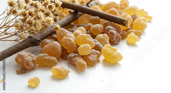 Fototapeta A close up shot of frankincense resin with a small branch and dried flowers on a white background