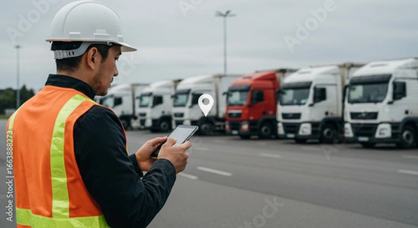 Fototapeta Man in safety vest using tablet with trucks in background and location pin on screen at a truck stop