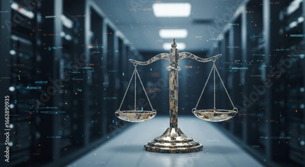 Fototapeta Scale of justice in data center representing digital law and ethical considerations in technology field
