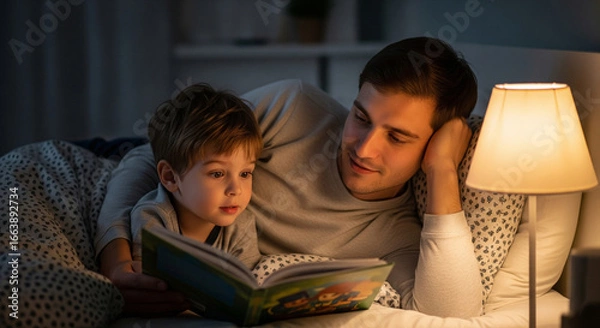 Obraz A tender, quiet moment of a father reading a bedtime story to his son, a heartwarming image of parenting, love, imagination, and family routine.