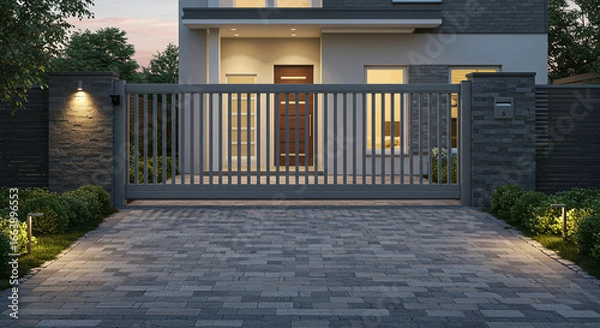 Obraz View of a modern house with a gray sliding gate and a paved driveway leading up to the front door area