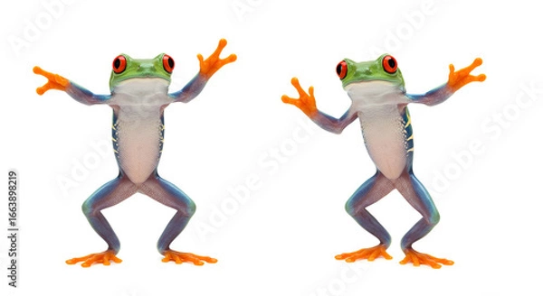 Fototapeta Two red-eyed frogs striking funny poses, standing as if dancing against a white background.