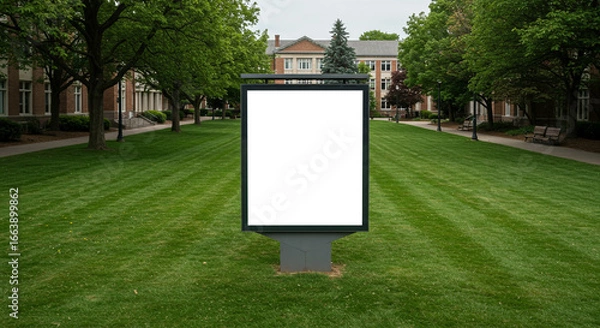 Obraz A blank billboard stands on a green lawn with trees and buildings in the background on a cloudy day