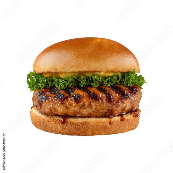 Fototapeta Juicy Grilled Chicken Burger with Mustard and Kale on a Sesame Seed Bun