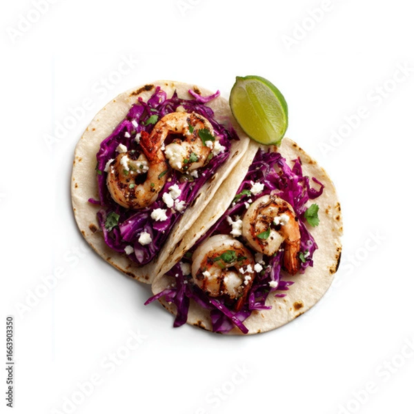 Fototapeta Delicious Grilled Shrimp Tacos with Red Cabbage Slaw and Feta Cheese