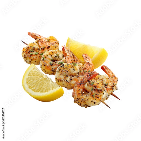 Fototapeta Delicious Grilled Shrimp Skewers with Lemon Wedges