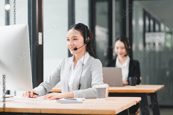 Fototapeta Asian woman customer service representative wearing headset and business suit working at computer in modern office, smiling and providing support, with colleague in background