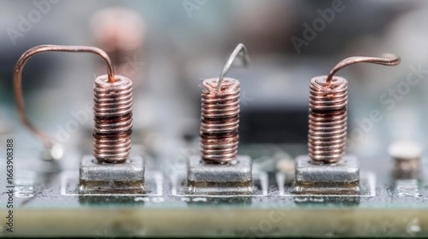 Fototapeta Close-up of Copper Inductors on Circuit Board with Fine Details Showcasing Electronic Components and Technology Elements
