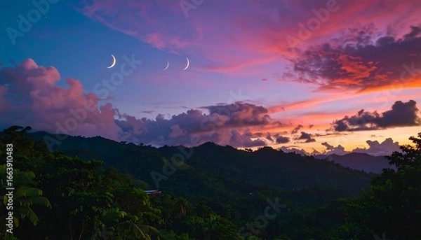 Fototapeta A serene mountain vista bathed in the vibrant hues of a twilight sunset, with crescent moons adorning the twilight sky.