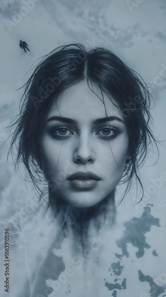 Obraz A hauntingly beautiful and emotional portrait of a woman with black tears, a powerful artistic concept for sadness, grief, and inner strength.