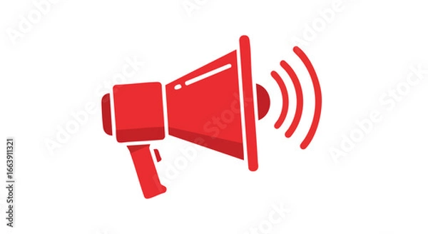 Fototapeta Red megaphone broadcasting a message, symbol of announcement, notification, vector design showcasing loud sound waves for promotion