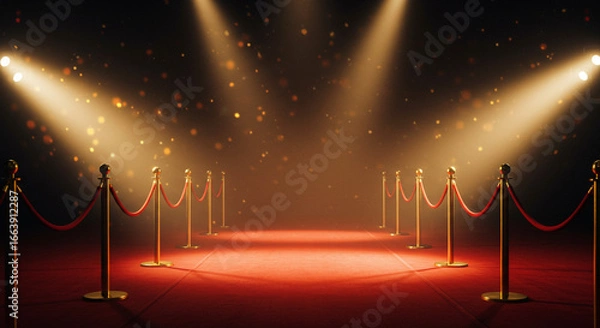 Obraz A red carpet with golden stanchions and red ropes under bright spotlights with bokeh effect in the air