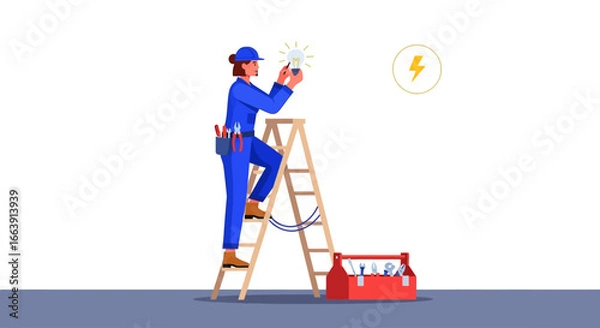 Obraz An electrician in a blue uniform, replacing a lightbulb on a ladder.