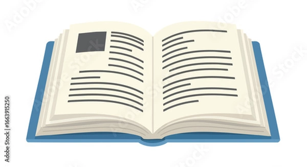 Fototapeta Open book illustration displaying a spread with text and a block, isolated on white background symbolising literacy and education