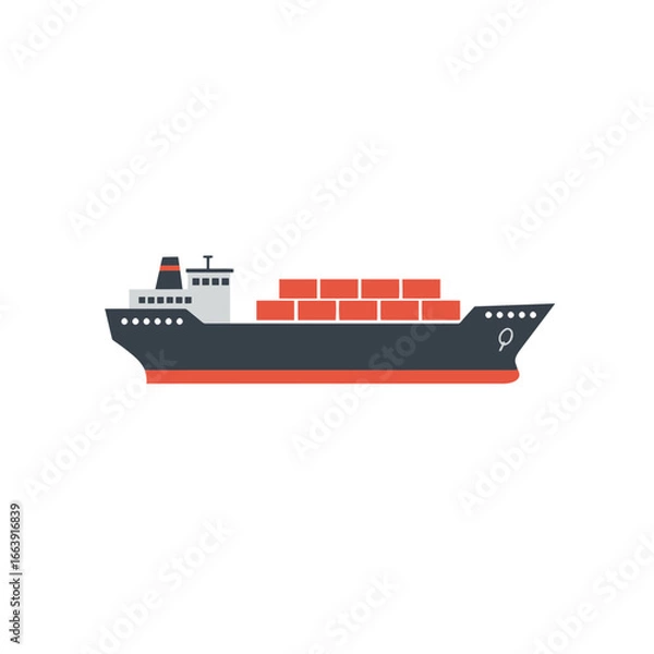Fototapeta Minimalist vector illustration of a cargo ship loaded with containers on the water. Concept for global trade logistics, international shipping industry and import export operations