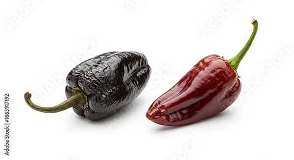 Obraz Two peppers on a white background, one dark and wrinkled, the other smooth and a deep red color