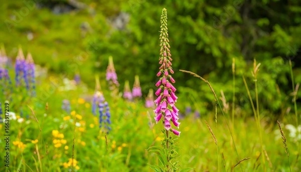 Fototapeta A vibrant meadow bursting with wildflowers, featuring a striking pink foxglove in sharp focus amidst a profusion of colorful lupines and other blossoms.