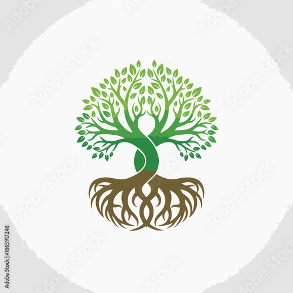 Fototapeta Tree with intertwined roots and lush green leaves, symbolizing growth and connection with nature.
