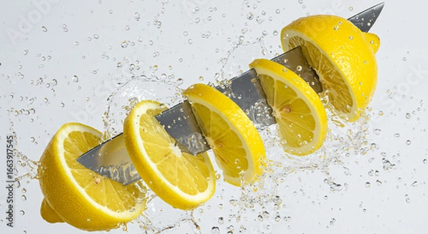 Fototapeta A sharp knife slicing through a lemon with water droplets in the background creating a refreshing scene