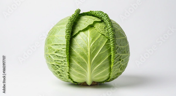 Obraz A single head of savoy cabbage with textured leaves isolated on a plain white background in a studio shot