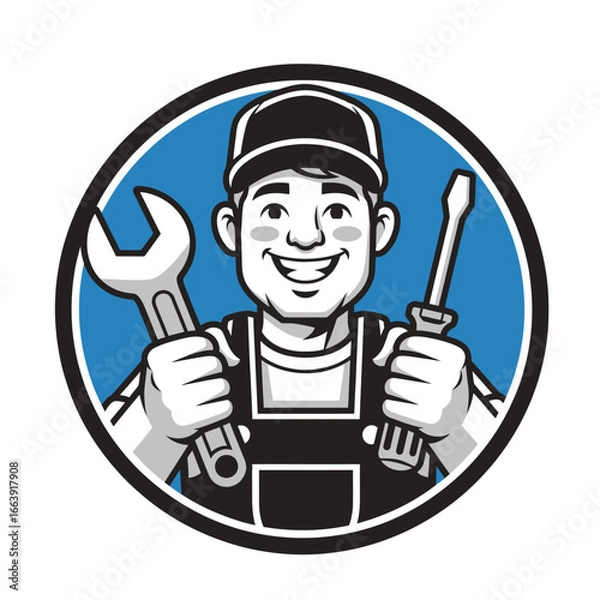 Fototapeta A cheerful cartoon mechanic man with hat holding tools. Workshop garage vector logo design