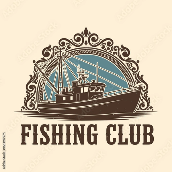 Fototapeta A vintage-style emblem featuring a trawler boat within an ornate frame. Perfect for fishing clubs or related businesses.