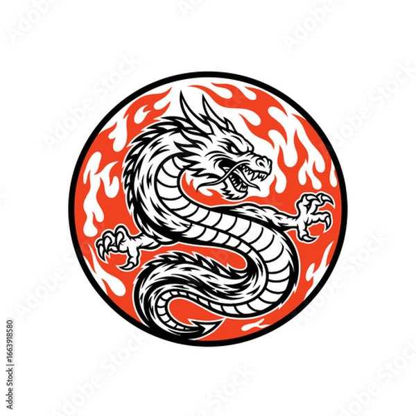 Fototapeta Chinese Red Dragon Logo Design Vector Illustration with Blazing Fire Effect and Fiery Mythical Emblem Style