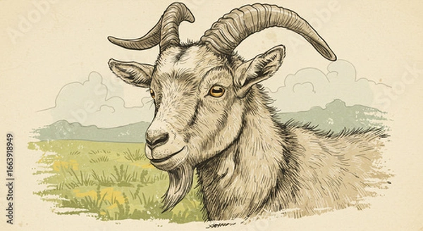 Fototapeta A detailed illustration of a goat with large horns in a field with a cloudy sky background view