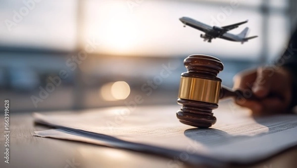 Obraz Wooden Gavel on Airplane Flight Deck with Legal Documents and Blurred Aircraft in Airport Background