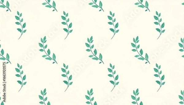 Fototapeta A repeating pattern of delicate, teal-green sprigs with small leaves, displayed on a pale cream background.