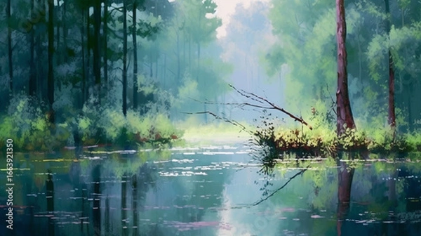 Obraz Sunlit Forest Lake with Trees and Natural Beauty