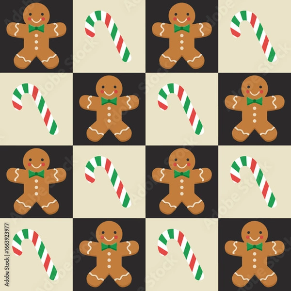Fototapeta A delightful pattern of gingerbread cookies and candy canes that captures the festive spirit of the holiday season, perfect for seasonal decorations and products.