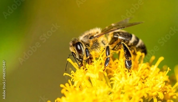 Fototapeta A close-up view of a honeybee meticulously collecting pollen from a vibrant yellow flower, showcasing the intricate details of its striped body and delicate wings against a soft, blurred background...