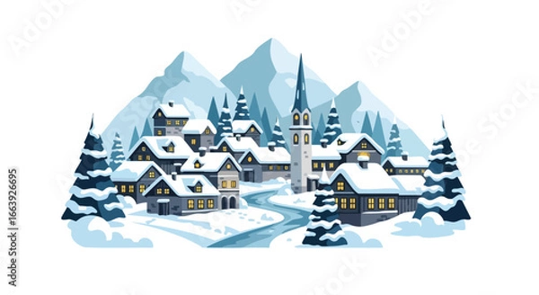 Fototapeta Idyllic winter wonderland scene of a snow-covered village nestled in the mountains offers a serene and peaceful atmosphere, perfect for holiday