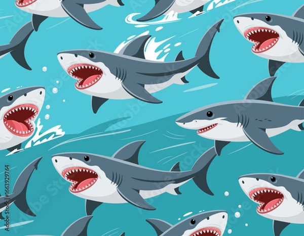 Fototapeta A captivating illustration of cartoon sharks animatedly swimming against a colorful backdrop, capturing the joy and vibrancy of underwater life for various projects.